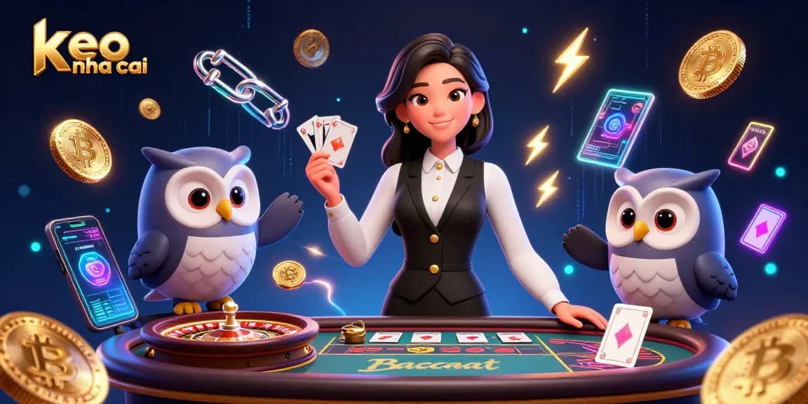 Experience thrilling gameplay with keo nha cai as dealers present baccarat and roulette in a vibrant casino scene.
