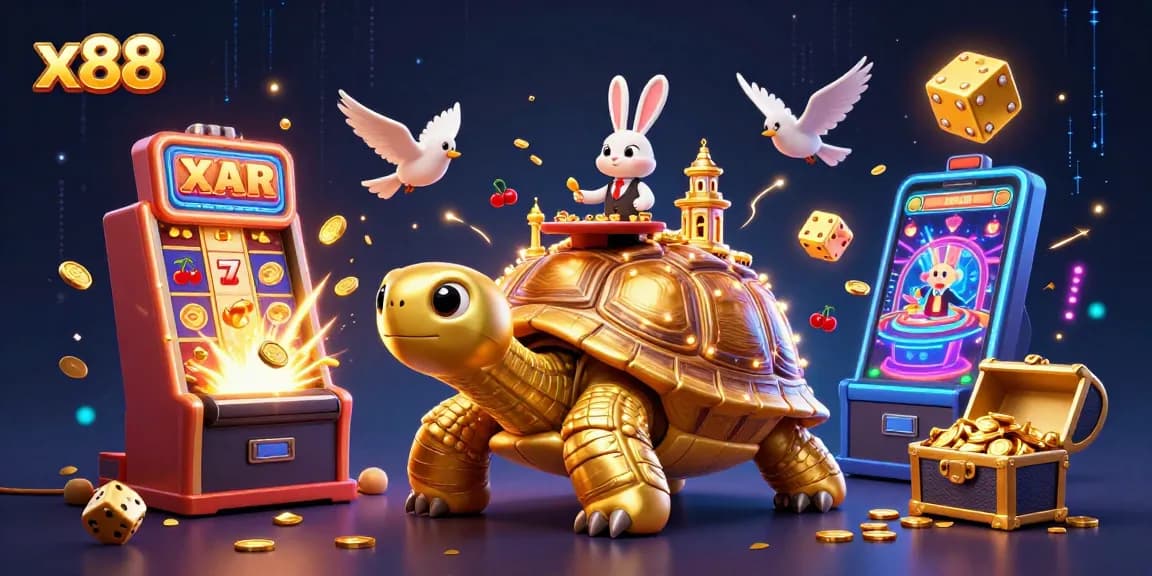 x88 players enjoy lively gaming at a vibrant casino scene with golden tortoise and rabbit dealer