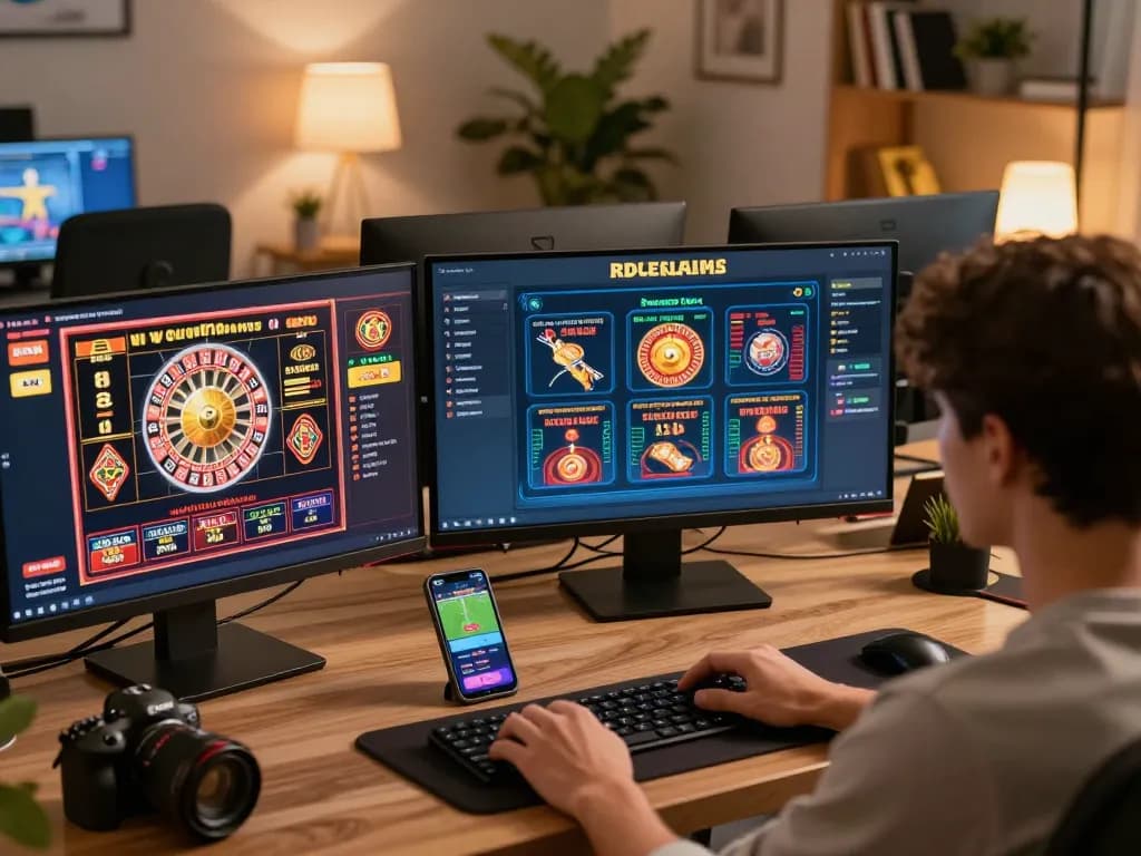 nhà cái tr88 online gaming setup with multiple screens displaying casino games and sports betting app