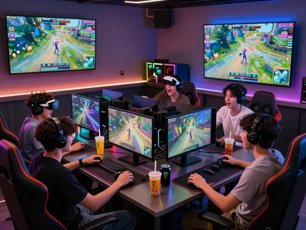 Exciting gaming lounge scene featuring friends enjoying ligasedayu.com gameplay together.