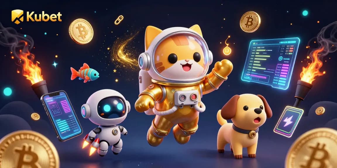 Kubet showcases an exciting scene with a golden astronaut cat and robot dog in a galactic casino environment.