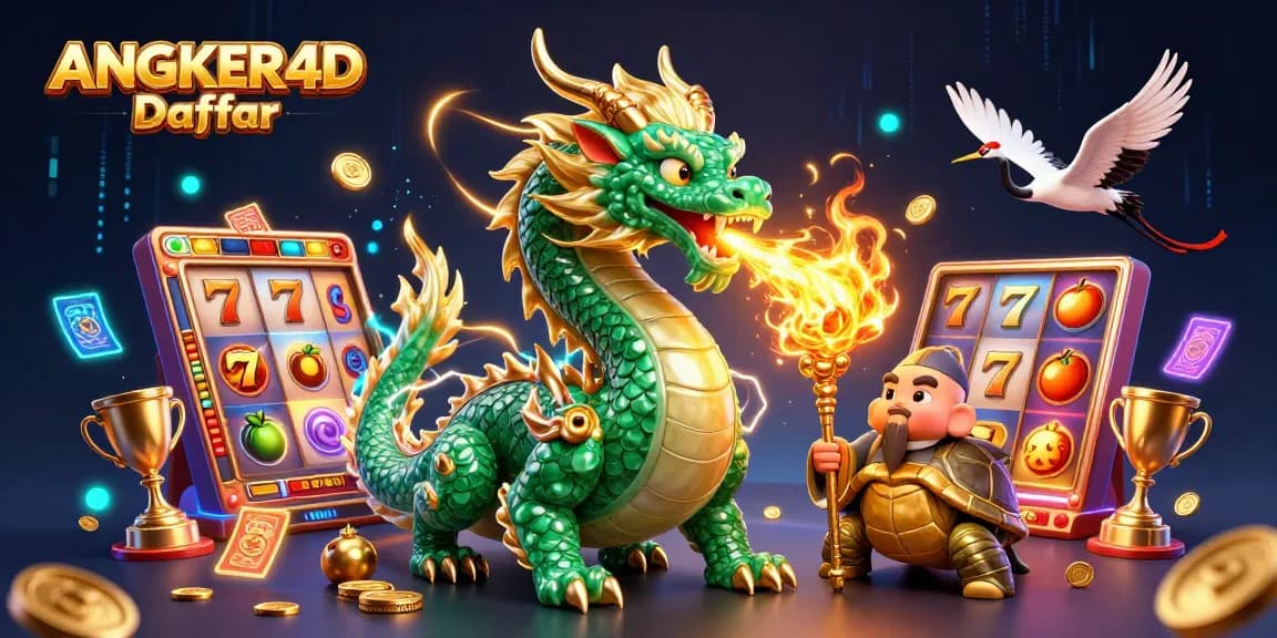 Engage with ANGKER4D Daftar in a vibrant 3D illustration showcasing slots, winnings, and exciting character dynamics.