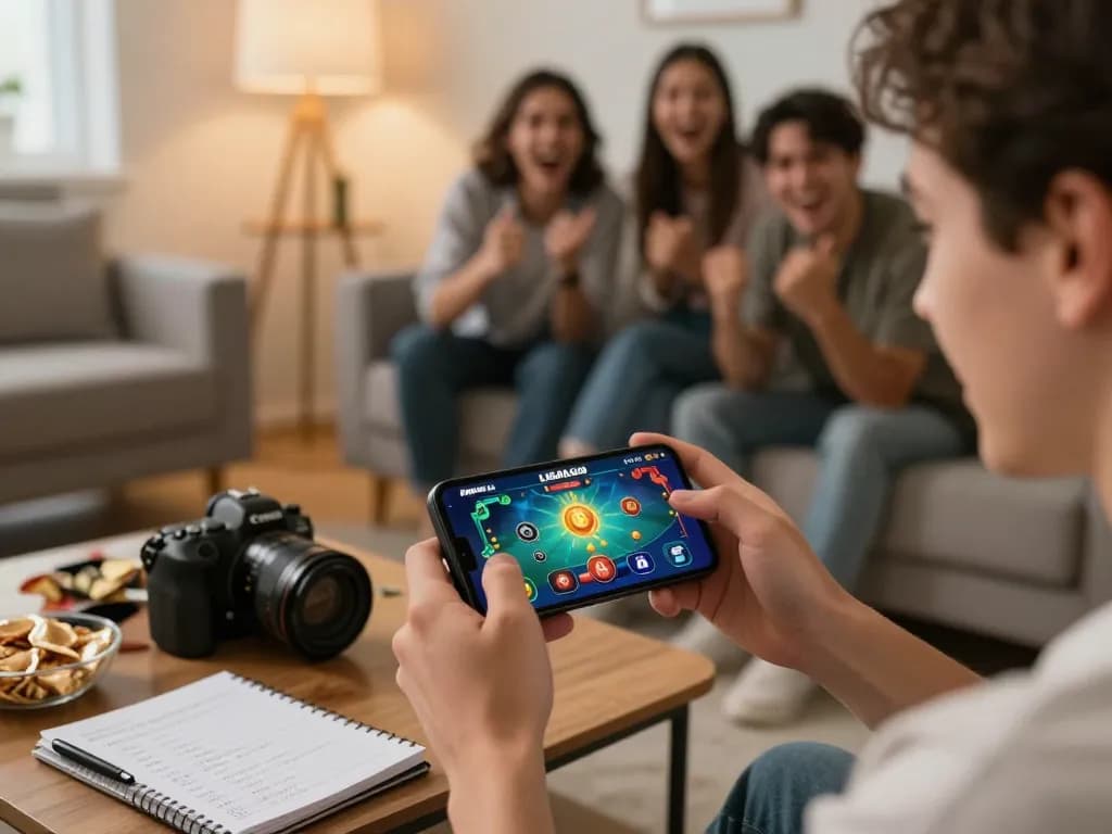 Player engaging with Agen LIGALGO app on smartphone, showcasing vibrant graphics and home gaming atmosphere