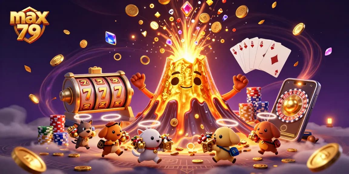 Experience the thrill of max 79 with a winning eruption of treasures in a dynamic casino scene.
