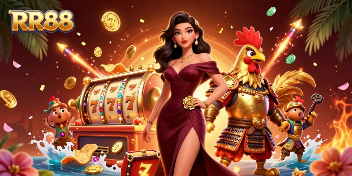 Spin the slot reels for prizes at RR88, featuring a glamorous woman and a rooster warrior in a vibrant casino scene.