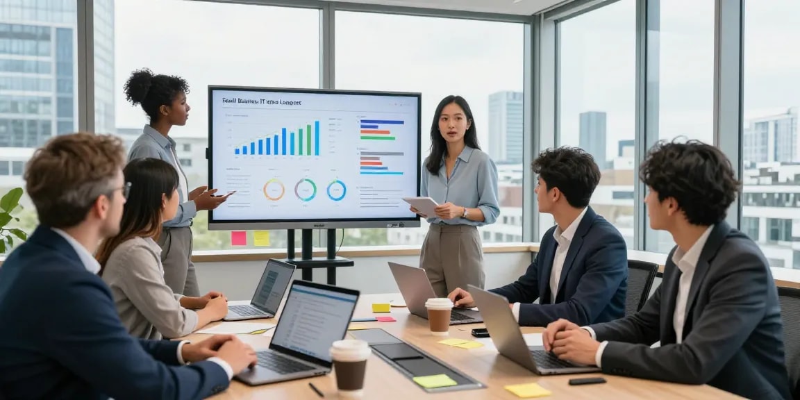 Team collaboration in London for small business IT support, highlighting data-driven discussions and innovative solutions.