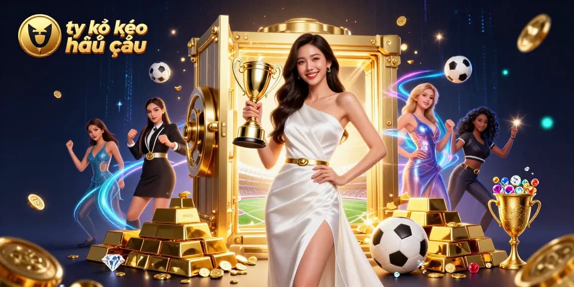 Experience tỷ lệ kèo nhà cái in a vibrant scene celebrating sports betting with trophies and casino elements.