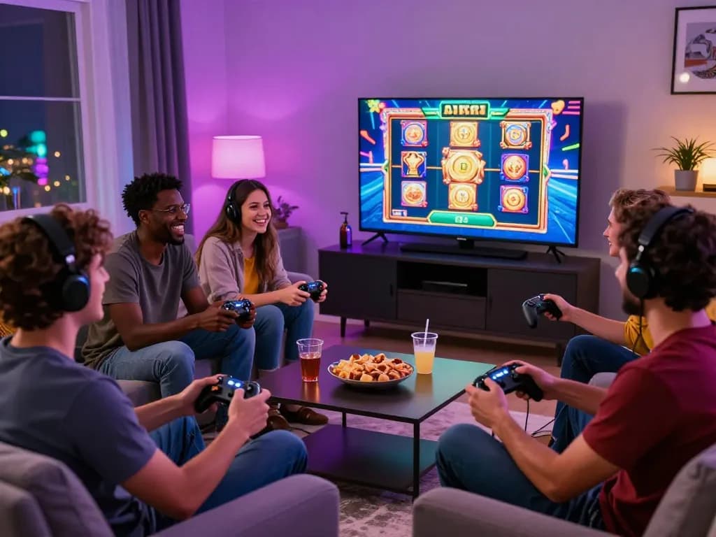 Friends enjoying an engaging gaming night at vegasslot77 with vibrant visuals and lively atmosphere.