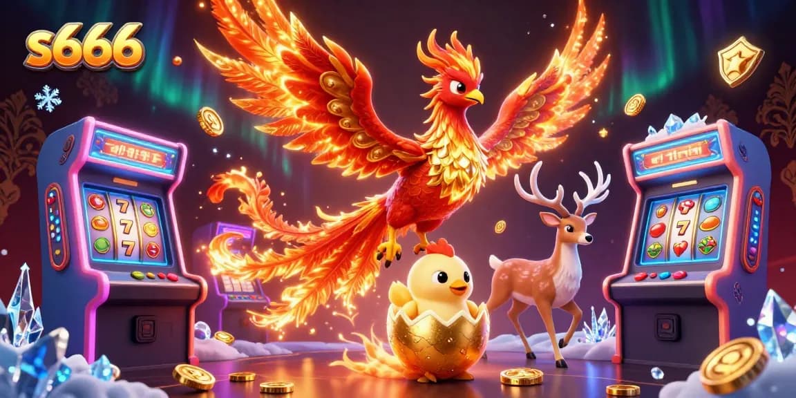 Engage with the lively s666 casino scene featuring a soaring phoenix and vibrant slot machines.