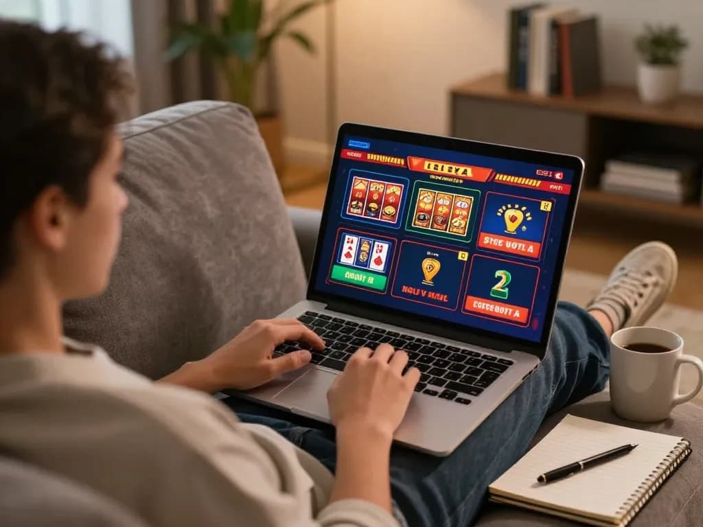 Engaging in online gaming with gg88 pro on a laptop, in a cozy home setting, focusing on responsible entertainment.