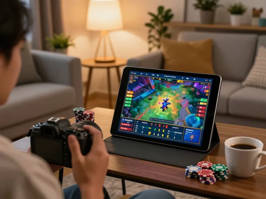 Engaging in an exciting game online while relaxing at home with tablet and betting chips.