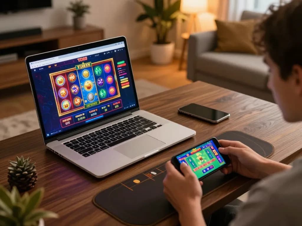 Playing online slots at TG88 with laptop and smartphone in a cozy home setting