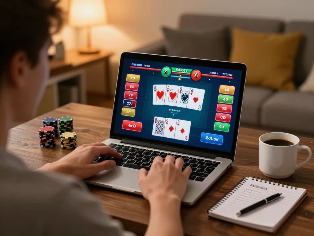 maxpoker88 player strategizing poker gameplay at home, laptop showing betting options and cards