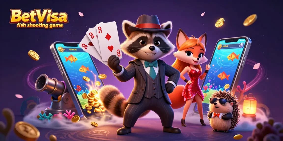 Engage in the BetVisa fish shooting game surrounded by action-packed casino elements and characters.