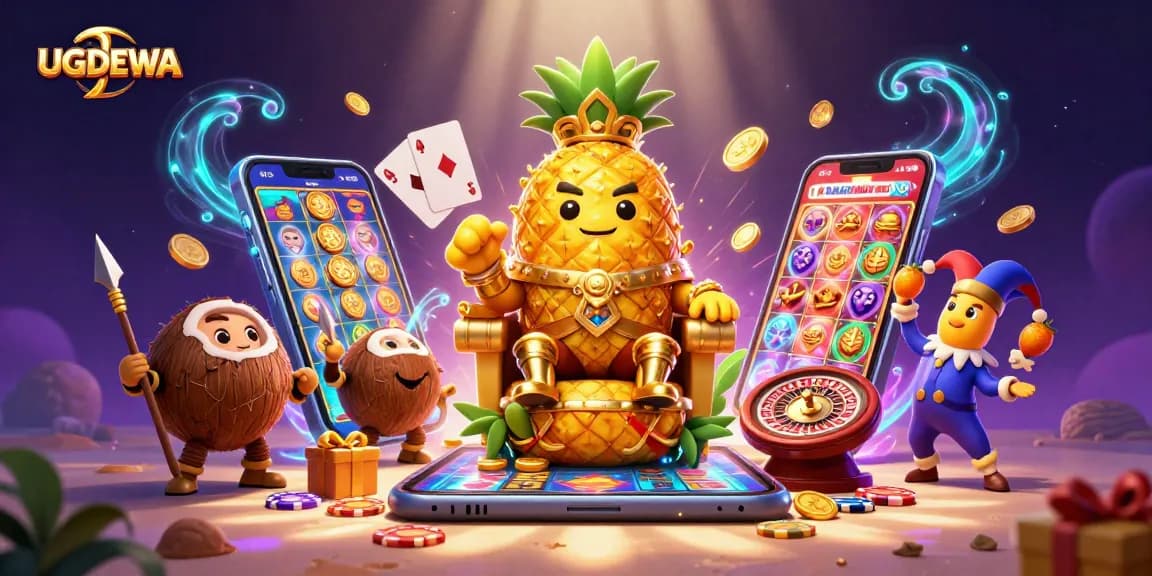 Engage in exciting gameplay with UGDEWA's vibrant scene of golden pineapple king and casino elements.