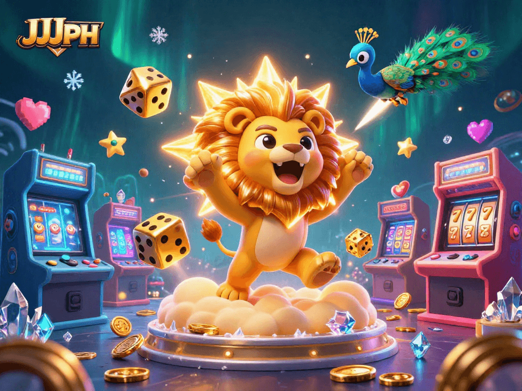 Engage with JJJPH in this vibrant, animated casino scene featuring vibrant characters and playful gaming elements.