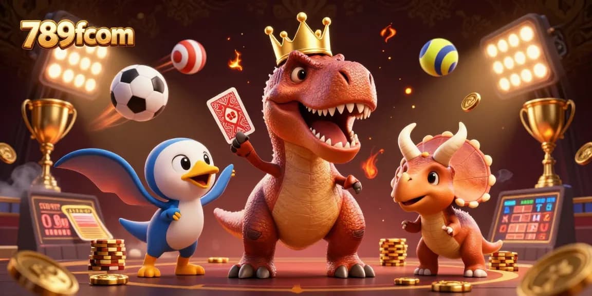 Engage with 789fcom's exciting 3D cartoon scene of a T-Rex shuffling cards and a pterodactyl assisting, surrounded by dynamic sports elements.