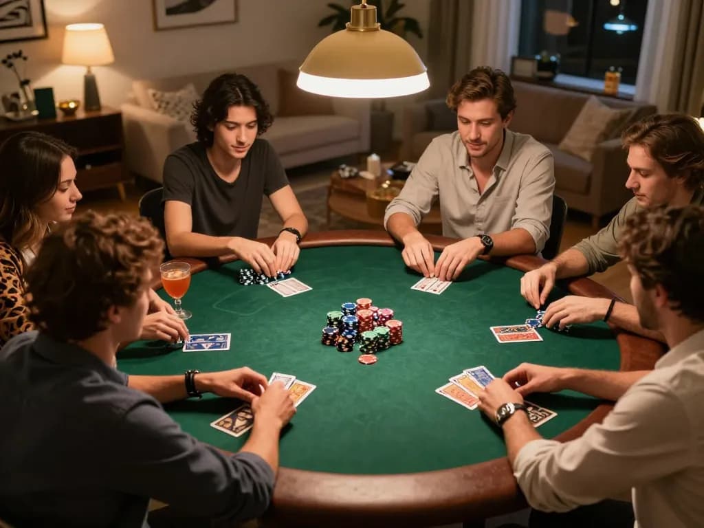 Friends enjoying a competitive poker game at home, showcasing xx88 strategies with dynamic energy.