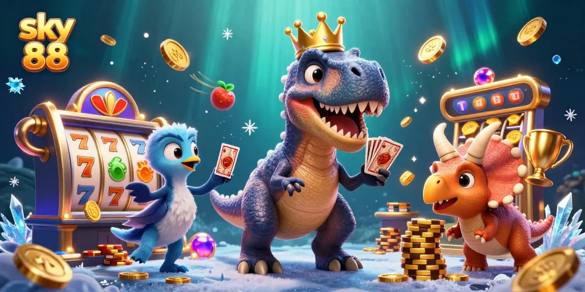 Engage in thrilling action at sky 88 with a T-Rex shuffling cards and stacking chips in a vibrant casino scene.