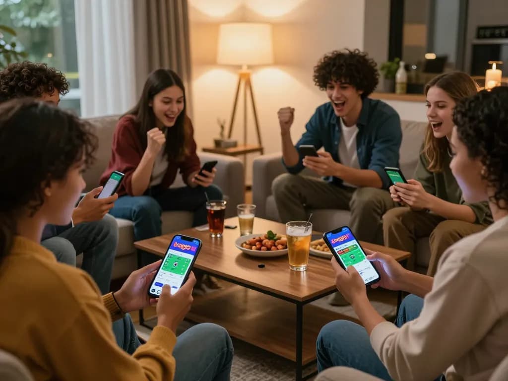 bong99 betting app displayed on smartphones during a lively sports betting night with friends in a cozy living room.