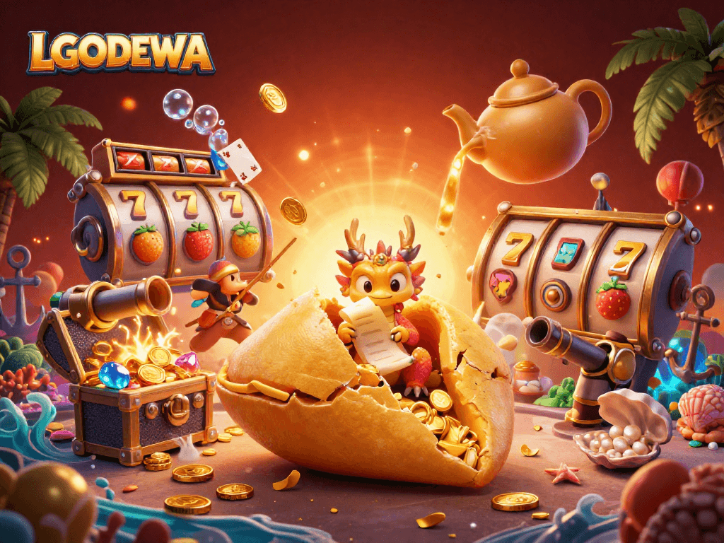 Experience exciting gameplay with LGODEWA's dynamic casino-themed scene featuring fortune cookies and treasure.