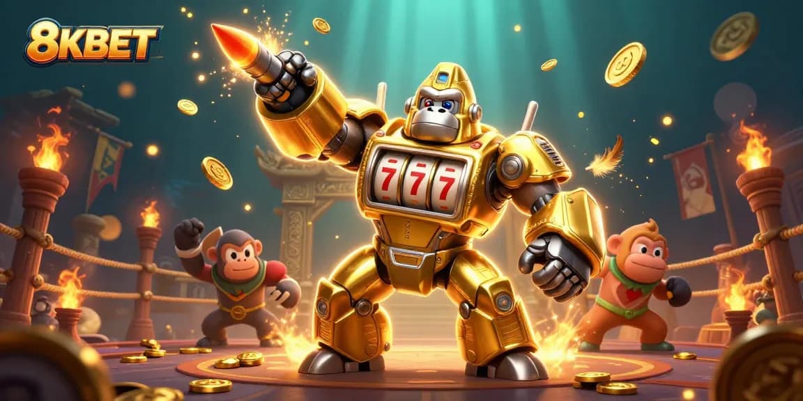 Engage with 8KBET's gaming excitement, featuring a golden gorilla mech and dynamic casino elements.