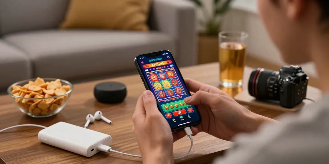 Slot game experience showing deposit tanpa minimal on smartphone in a cozy living room.