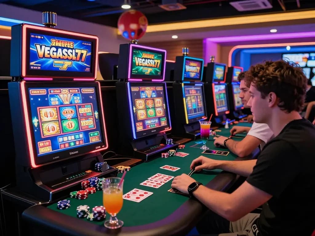 Friends enjoying the thrill of online gaming on vegasslot77.com with vibrant casino atmosphere.