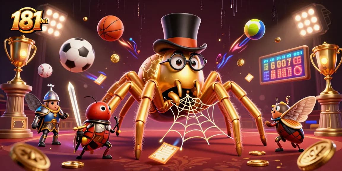 Engage with the vibrant action from 181bet, where golden tarantula weaves winning bets in a lively casino scene.