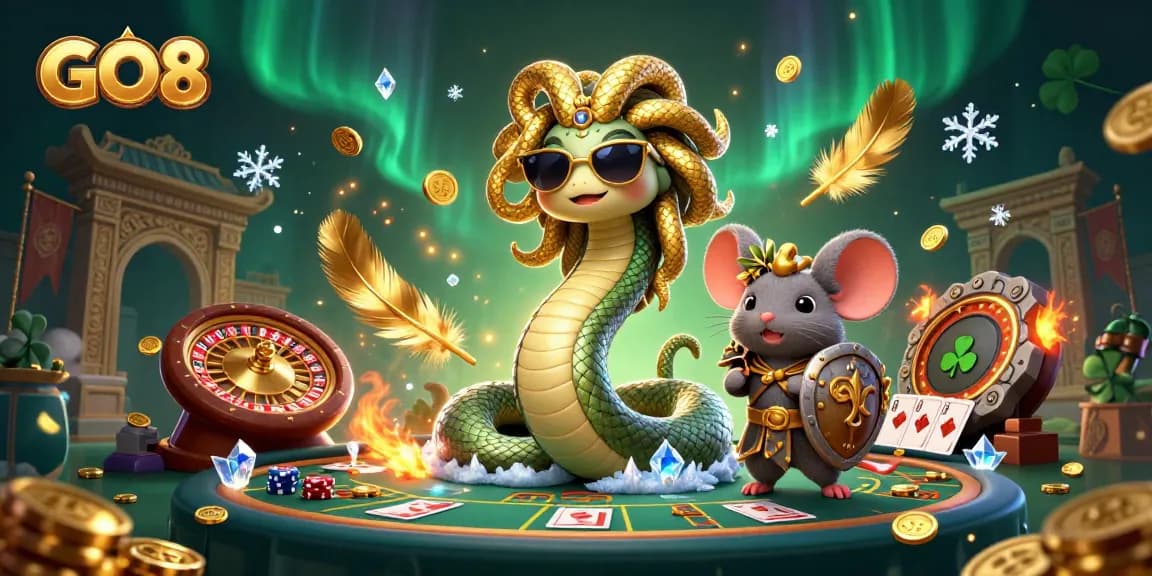 Experience the thrilling atmosphere of GO8 live casino with Medusa and a warrior mouse in a vibrant 3D scene.