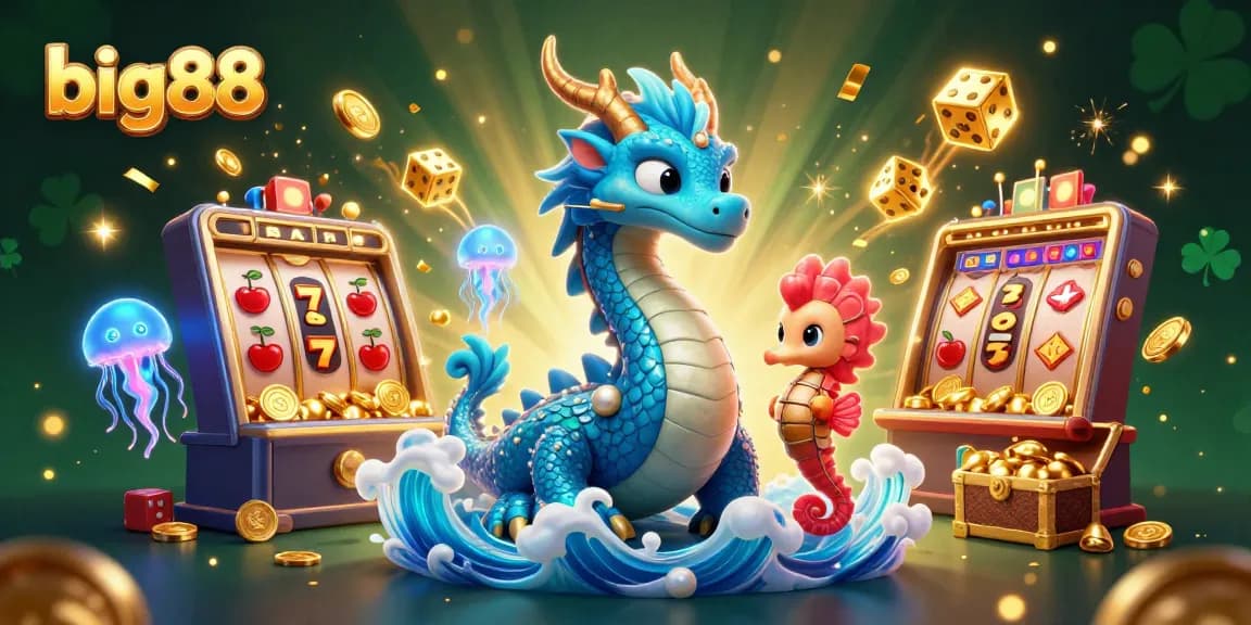 Experience big88’s vibrant jackpot magic with a dazzling dragon and seahorse in this digital illustration.
