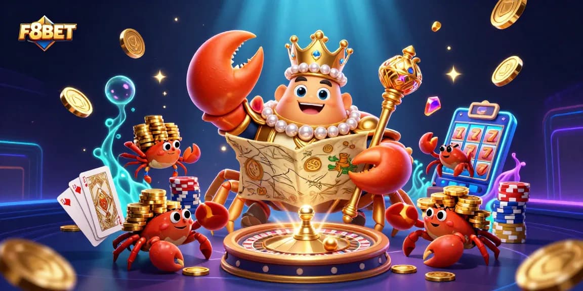 Experience thrilling gameplay at F8BET with an emperor crab surrounded by treasures and casino elements.