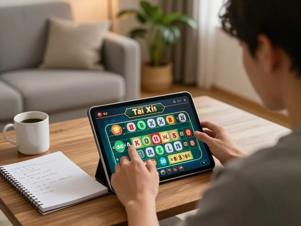 Player engaging in Tài Xỉu online at home using taixiuonline8 platform with strategy notes beside them.