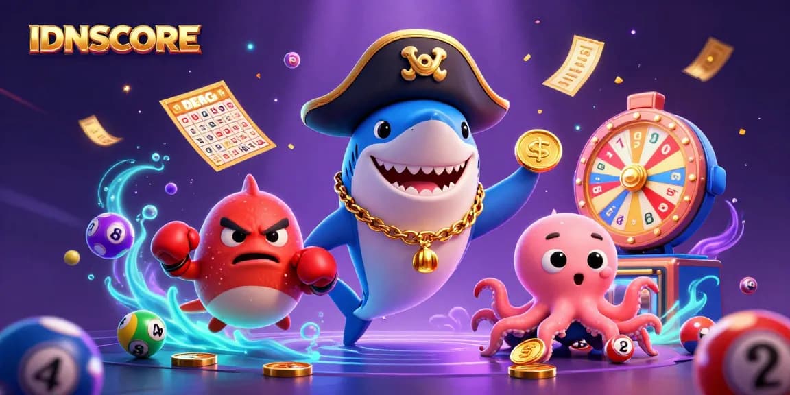 IDNSCORE showcases a dynamic gambling scene with a pirate shark, pufferfish, and octopus amidst colorful elements.
