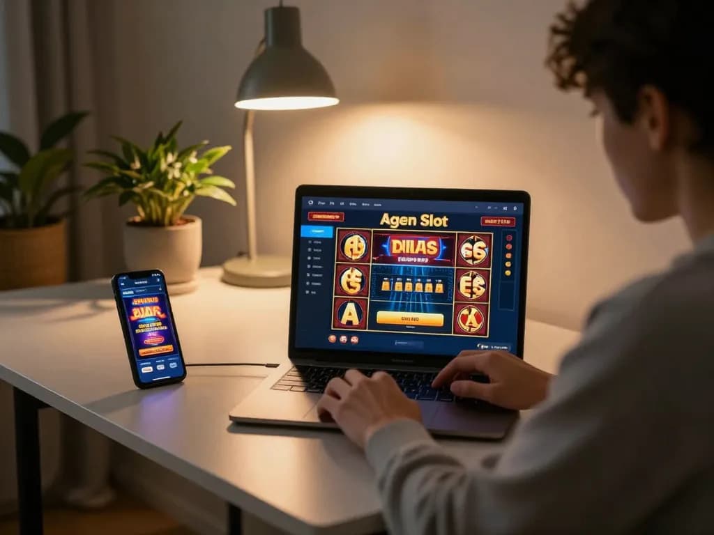 Agen Slot gaming on a laptop with engaging atmosphere in a cozy home office.