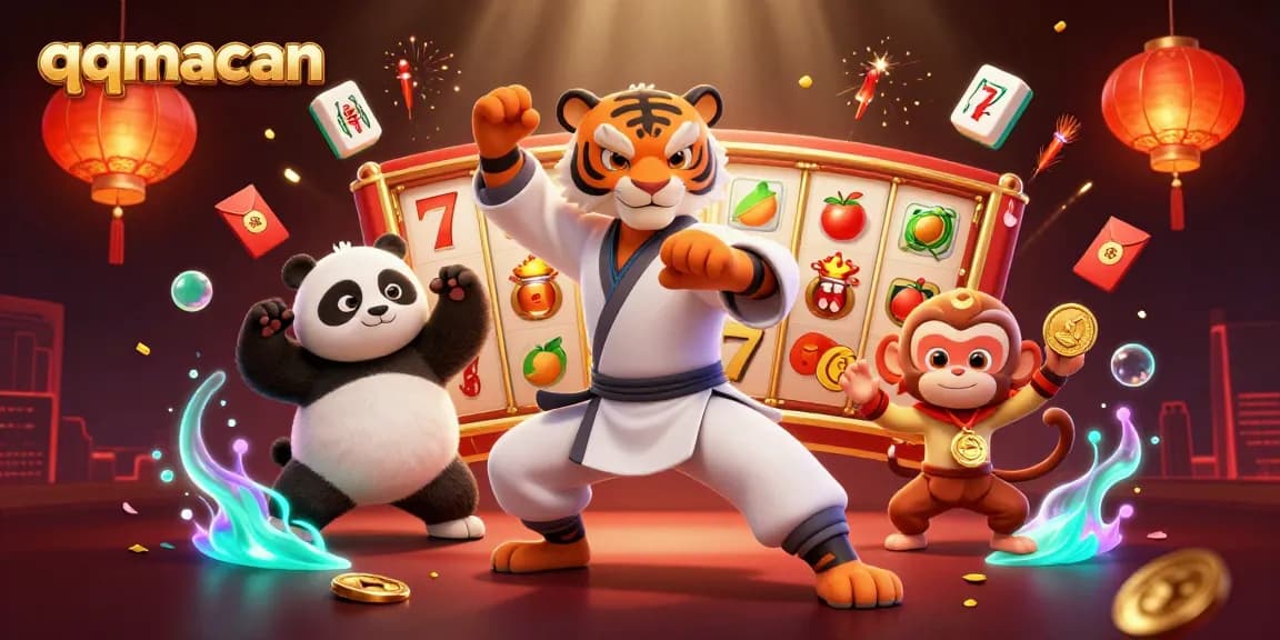 Engage with qqmacan through a vibrant 3D casino scene featuring a kung fu tiger master and fun game elements.