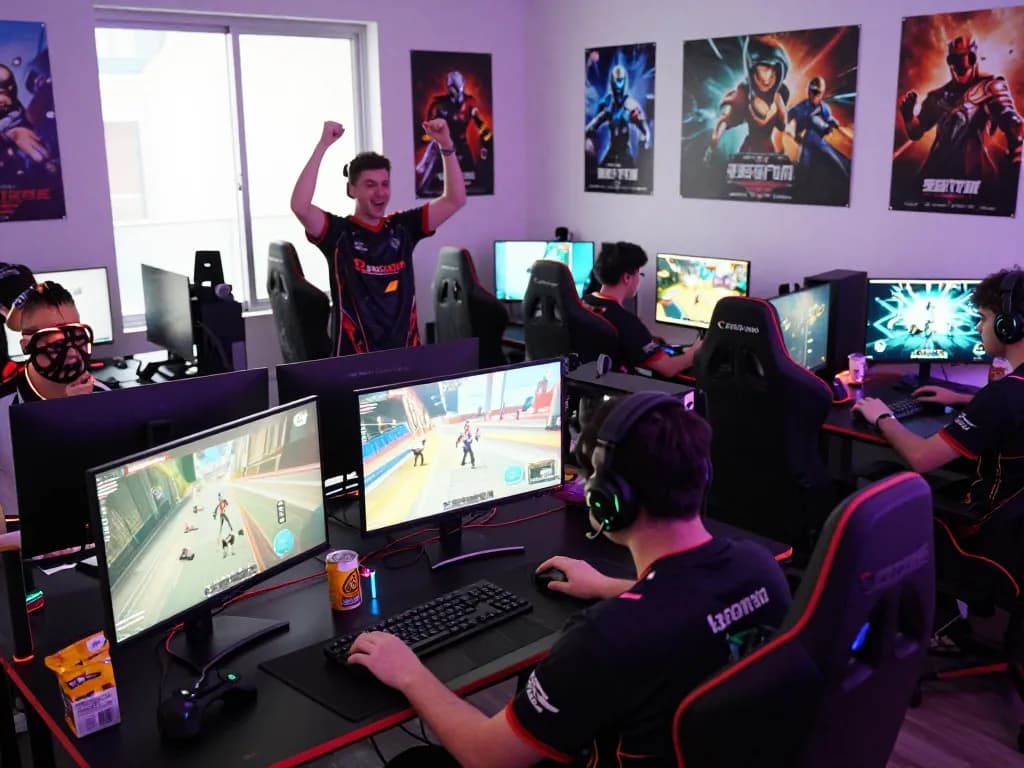 Engaged players in ligasedayu-themed interactive gaming community, celebrating wins in a vibrant atmosphere.