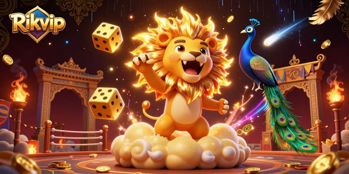Rikvip casino dynamic scene showcasing golden lion roaring with dice, peacock, and lively gambling elements.