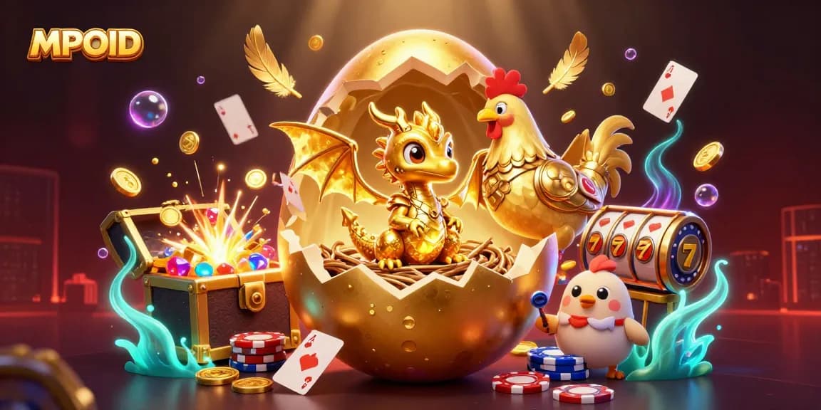 Engage with MPOID as the golden dragon emerges from the cracked egg amidst casino treasures.