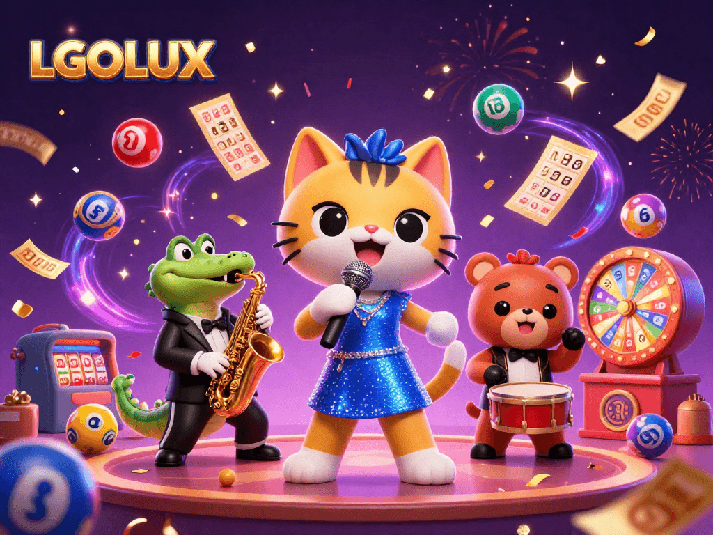 Experience the excitement of LGOLUX lottery with vibrant characters and animated gaming elements.