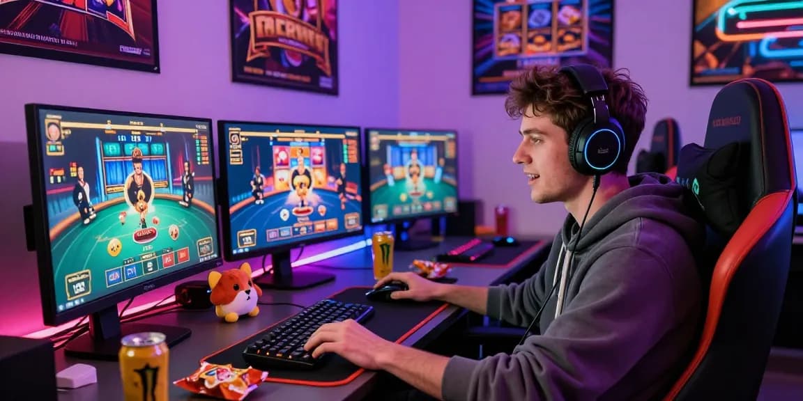 Engaging Slotmaxwin gaming scene showcasing an online player enjoying poker and slot games in a colorful setup.