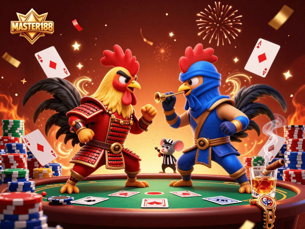 Engage with MASTER188's thrilling poker showdown featuring cartoon roosters in an epic standoff.