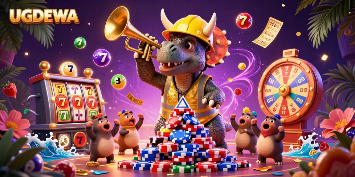 Enhance your gameplay with UGDEWA, a vibrant casino scene featuring a lively triceratops building poker chip pyramids.