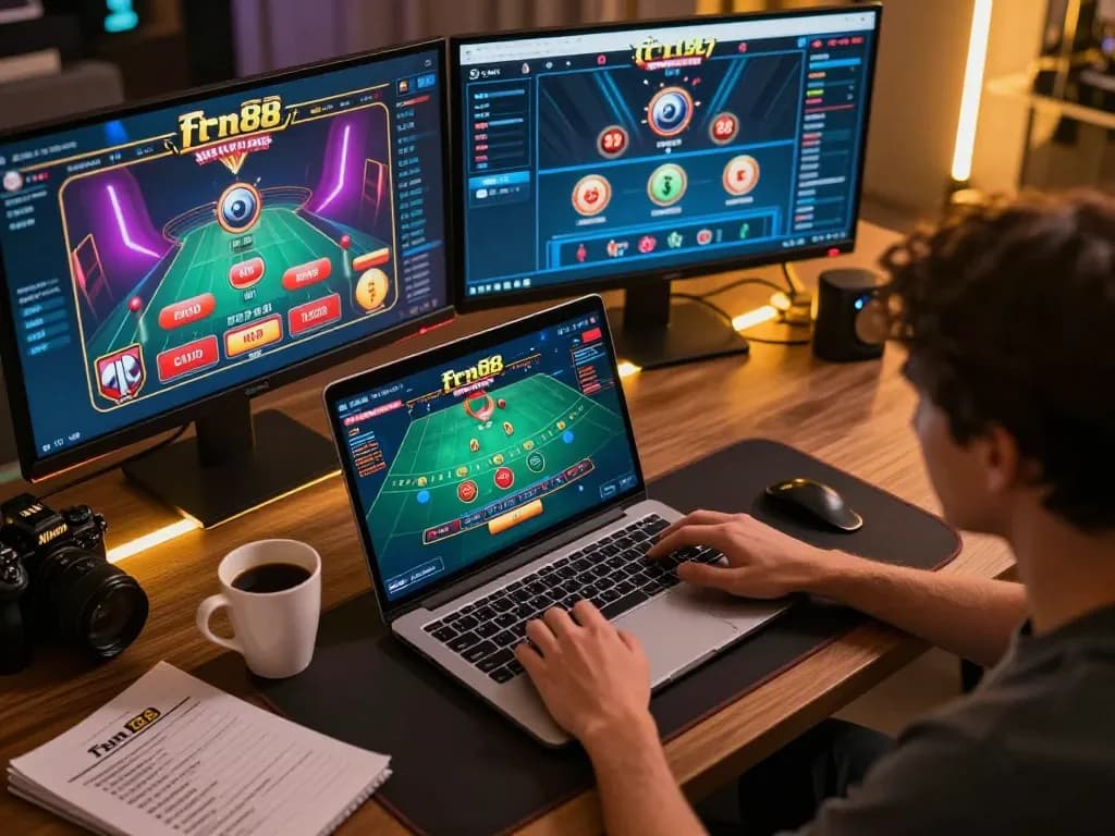 Play fun88 online blackjack with an immersive dual-monitor setup, showcasing strategic gameplay at home.