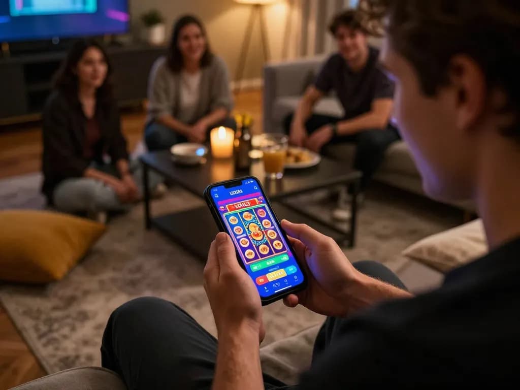 Player engaging with LGO GOAL app during a home gaming night, showcasing exciting slot win.