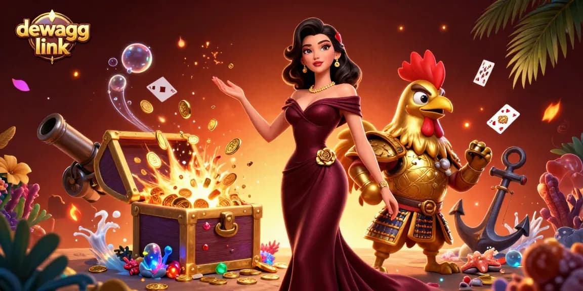 Engage with the thrilling dewagg link experience, showcasing a glamorous woman and golden rooster warrior in a vibrant casino scene.
