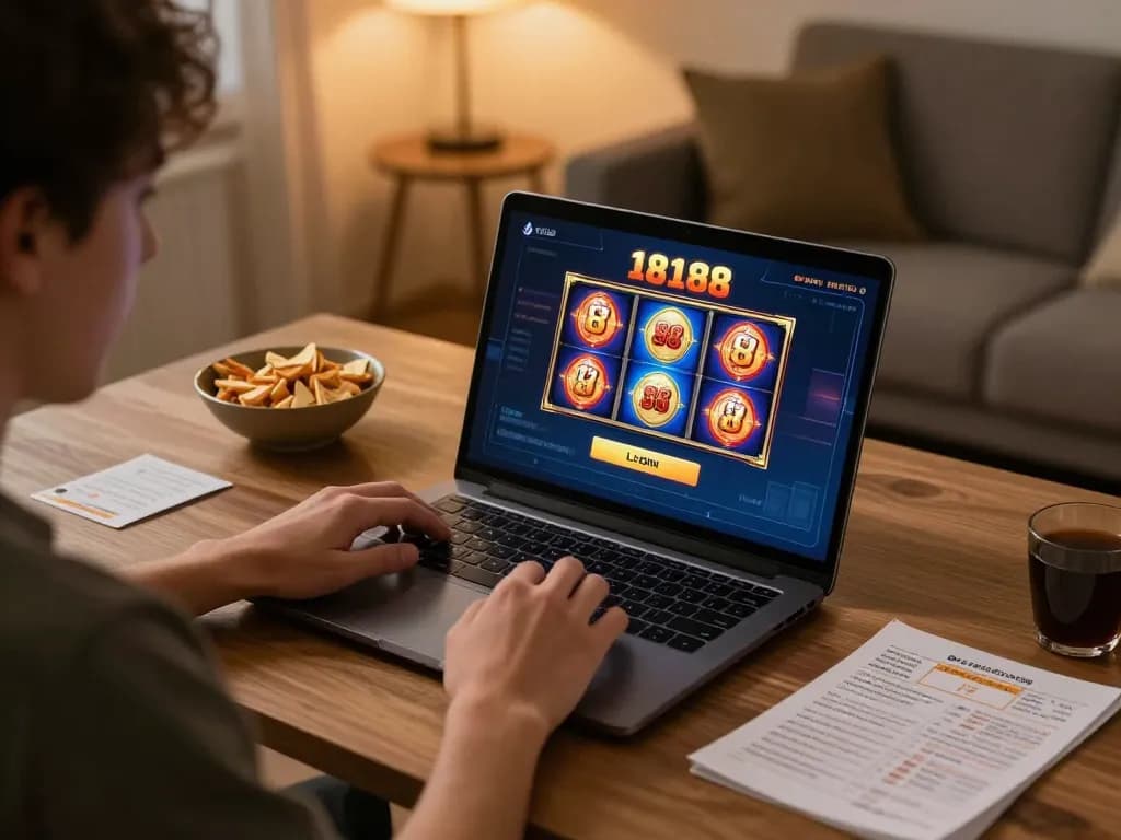 Engaged player performing slot88 login online gameplay with laptop in cozy home setting.