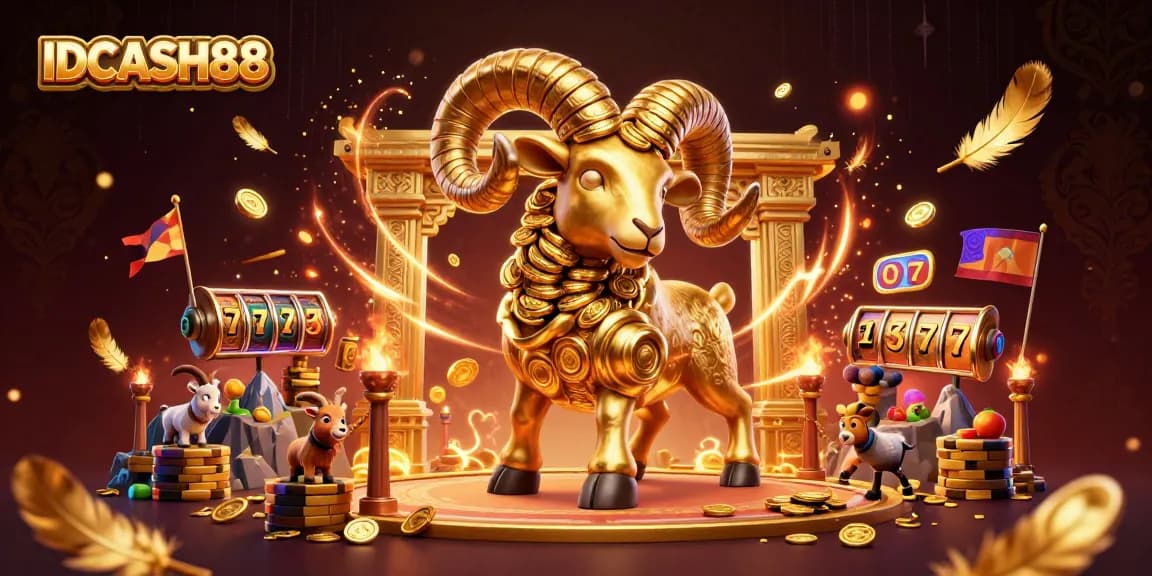 Experience the thrilling world of IDCASH88 with golden ram charging into a vibrant casino scene.