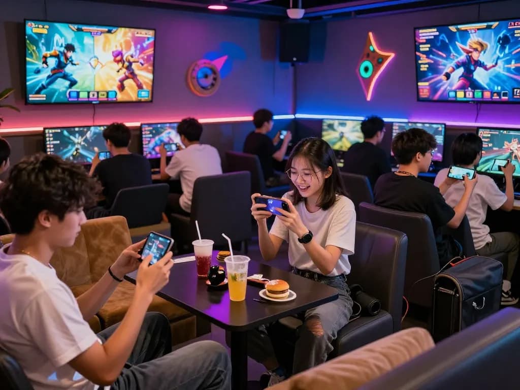 Players enjoying mobile games at AUTOWIN88, showcasing vibrant online gaming atmosphere.