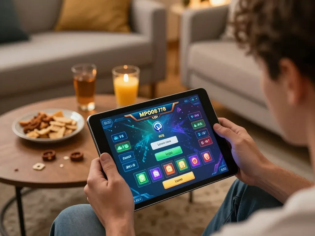 MPO08 Login 778 interface showcased on tablet during an engaging online gaming session in a cozy home atmosphere.